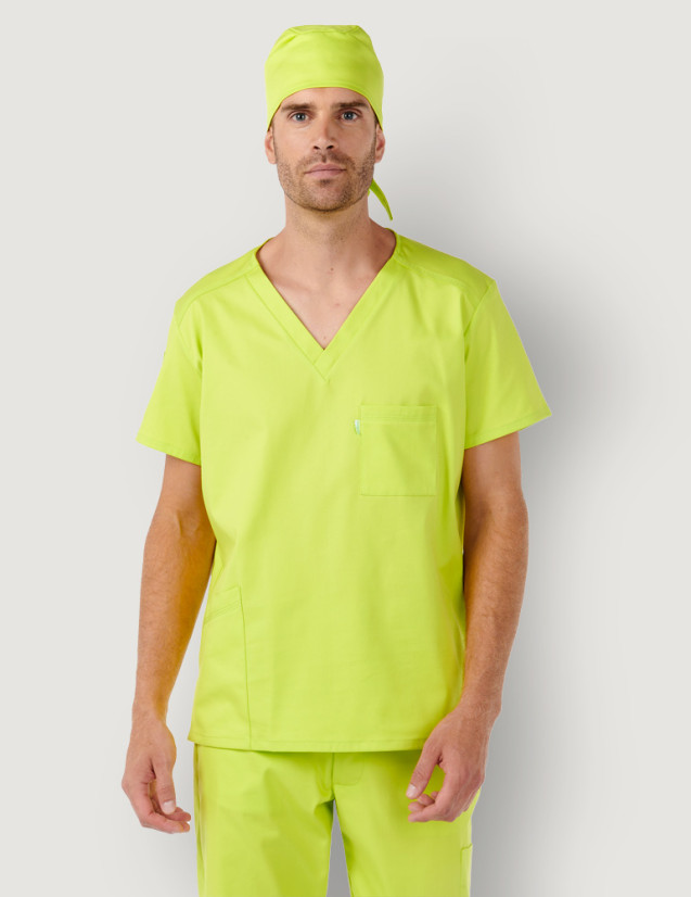 Tunique médicale unisexe col en V - Marque Belissa - Homme en blouse médicale col en V Pablo couleur anis avec bandana assorti