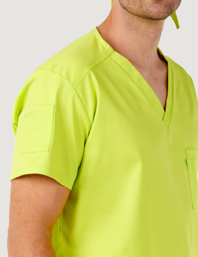 Tunique médicale unisexe Pablo col en V couleur anis  - Détail poche manche droite - Marque Belissa