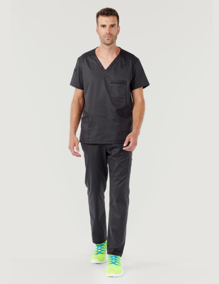 Uniforme médical unisexe col en V Pablo couleur ardoise avec bandana assorti - Marque Belissa -