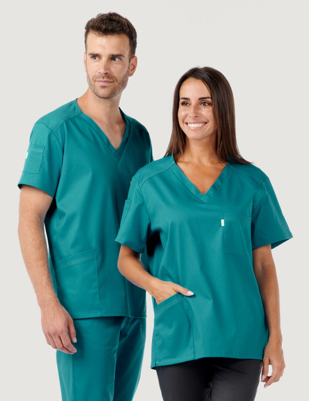 Tunique médicale unisexe col en V - Marque Belissa - Couple en blouse médicale col en V Pablo couleur canard