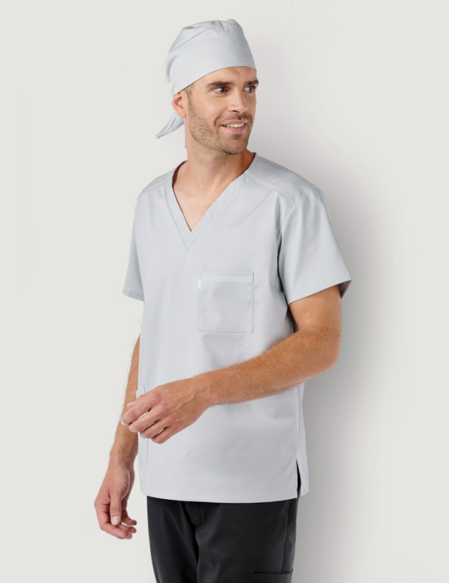 Tunique médicale unisexe col en V - Marque Belissa - Homme en blouse médicale col en V Pablo couleur gris avec bandana assorti