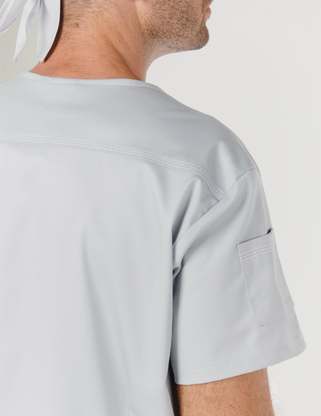 Tunique médicale unisexe Pablo col en V couleur gris  - Détail dos - Marque Belissa