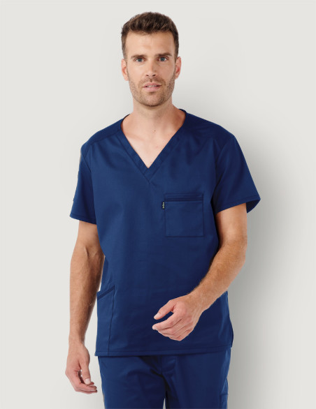 Uniformemédical unisexe col en V - Marque Belissa - Portée par un dentiste - Modèle Pablo couleur marine