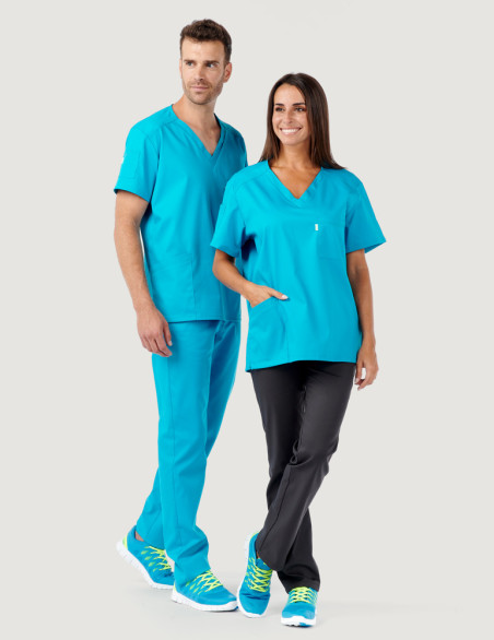 Couple dentiste en blouse médicale unisexe Pablo col en V - Marque Belissa - couleur Océan