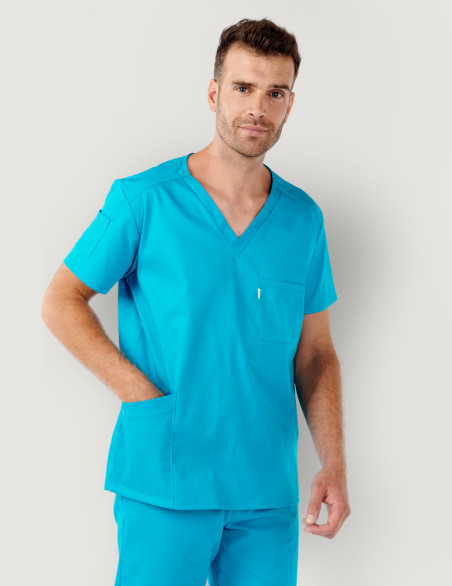 Tunique médicale unisexe col en V - Marque Belissa - Portée par un dentiste - Modèle Pablo couleur Océan