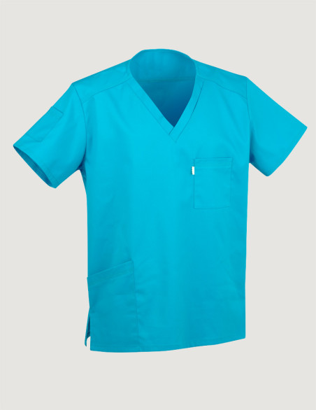 Tunique médicale unisexe Pablo col en V couleur bleu océan - Marque Belissa  - Vue Ghost