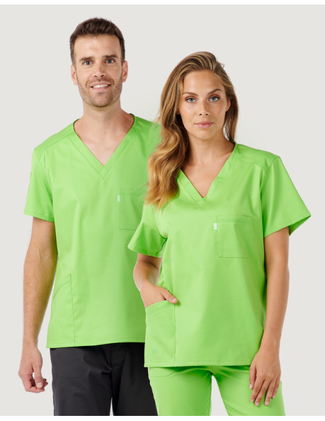 Tunique médicale unisexe col en V - Marque Belissa - Couple en blouse médicale col en V Pablo couleur vert pomme