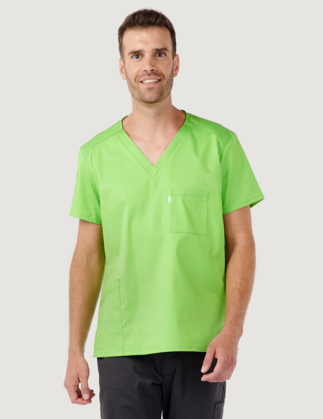 Tunique médicale unisexe col en V - Marque Belissa - Portée par un dentiste - Modèle Pablo couleur vert pomme