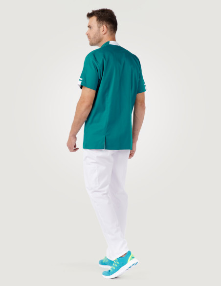 Blouse médicale homme Marley couleur canard-Blanc - Marque Belissa vue de dos portée avec pantalon blanc