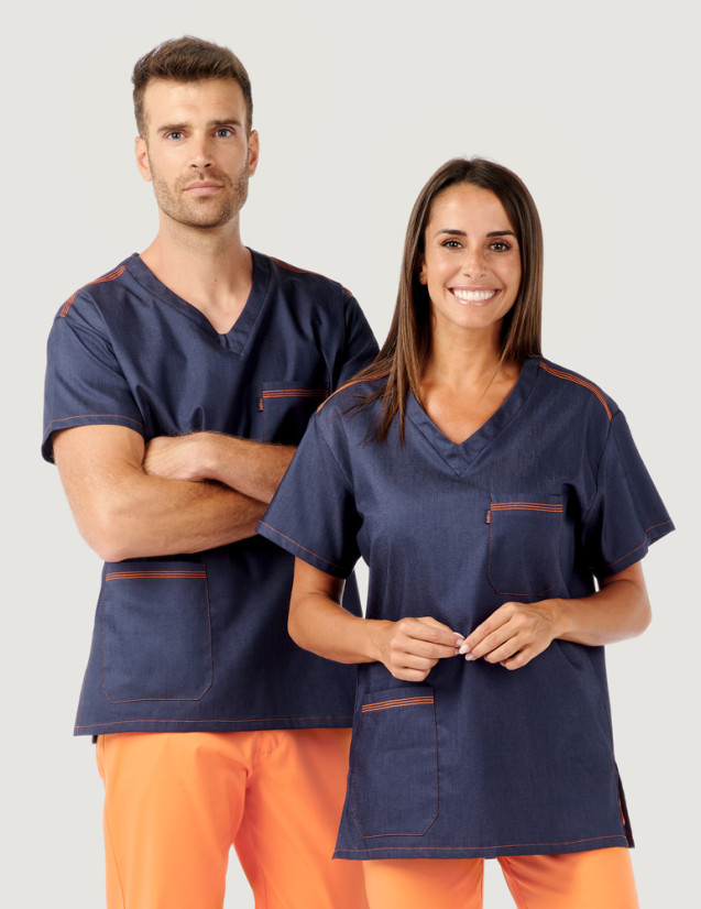 Couple en blouse médicale en jeans modèle Jules - Coupe unisexe - Triple surpiqûre Orange