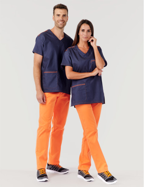 Couple en blouse médicale en jeans modèle Jules - Coupe unisexe - Triple surpiqûre Orange 2
