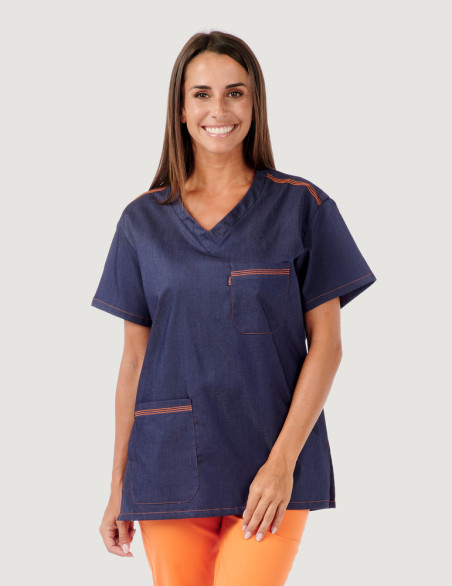 Dentiste en blouse médicale en jeans modèle Jules - Coupe unisexe - Triple surpiqûre Orange