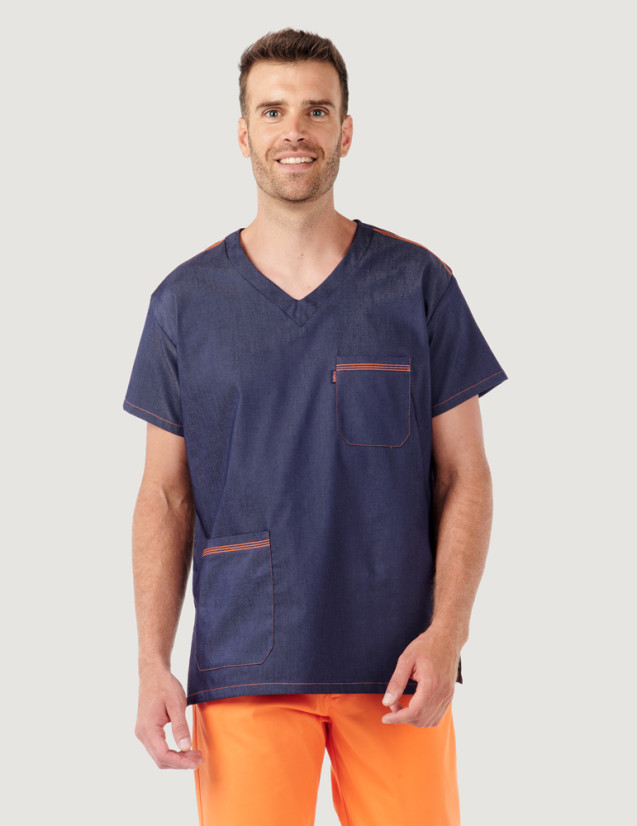 Kiné en blouse médicale en jeans modèle Jules - Coupe unisexe - Triple surpiqûre Orange Kiné en blouse médicale en jeans modèle Jules - Coupe unisexe - Triple surpiqûre Orange