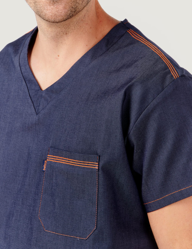Kiné en blouse médicale en jeans modèle Jules - Coupe unisexe - Triple surpiqûre Orange Kiné en blouse médicale en jeans modèle Jules - Coupe unisexe - Triple surpiqûre Orange