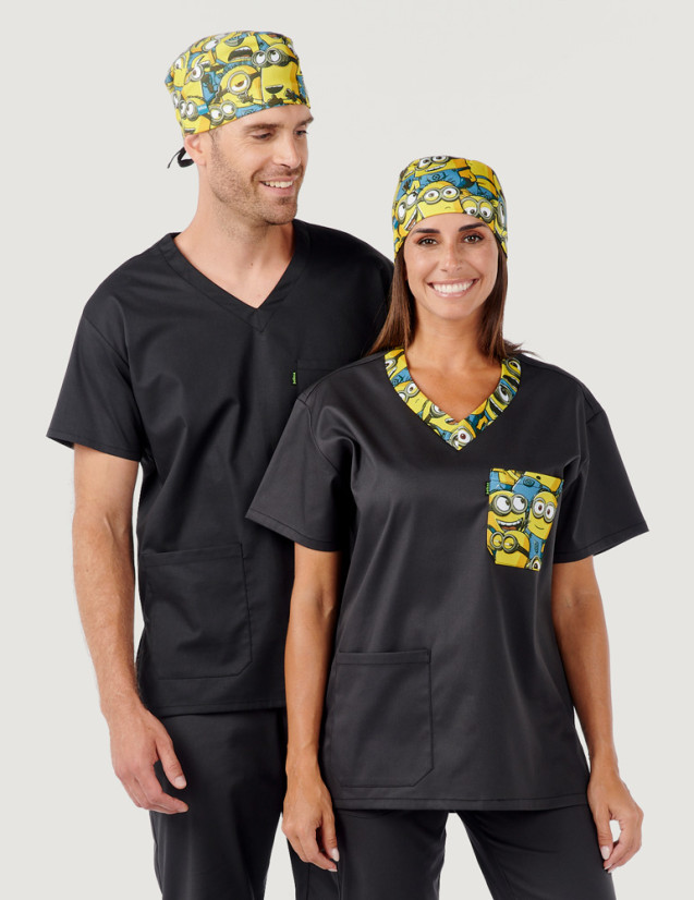 Couple en tunique médicale unisexe Jules couleur ardoise + motifs "mignons" by Belissa