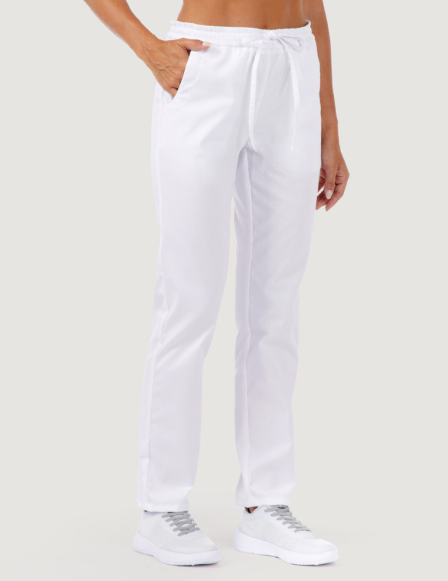 Pantalon blanc femme Alice by Belissa - Taille élastique + cordon. Vue de face