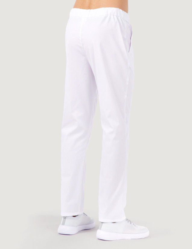 Pantalon homme taille élastique, couleur blanc - Marque Belissa - Modèle Léo porté vue de dos