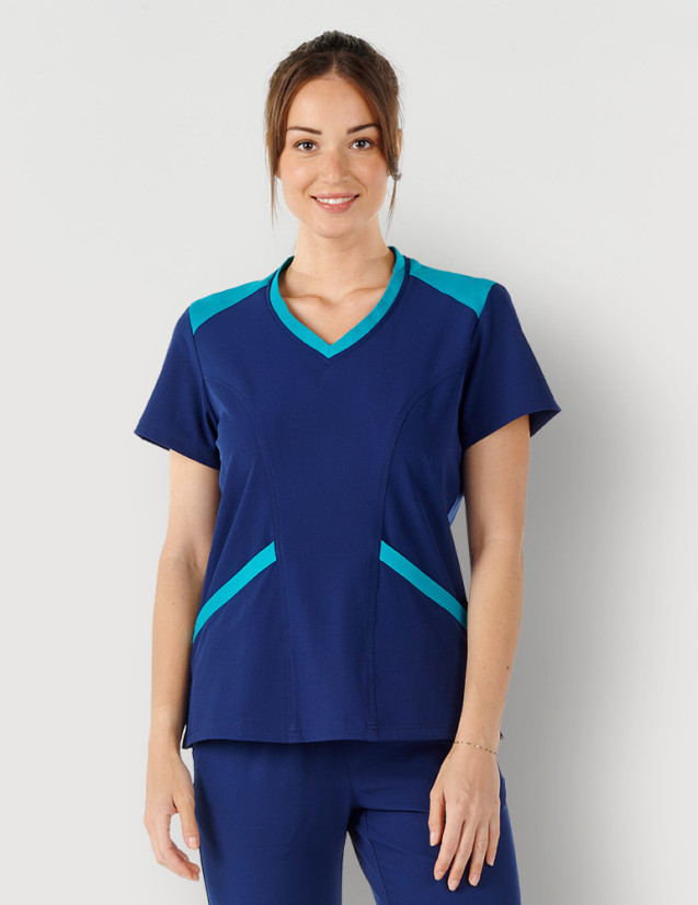 Tenue médicale Tunique Kelly pour femme - Couleur bleu marine avec parements turquoise - Marque Fit For Work by Belissa Tenue médicale Tunique Kelly pour femme - Couleur bleu marine avec parements turquoise - Marque Fit For Work by Belissa