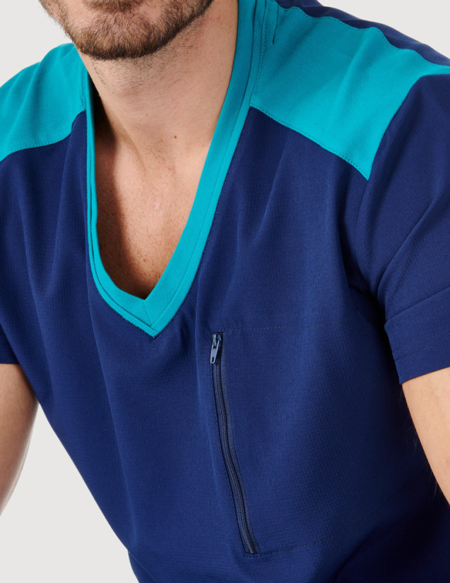 Détail tunique médicale Billy couleur marine et empiècements maille couleur turquoise