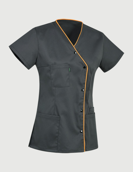 Blouse Anna asymétrique couleur ardoise parements Abricot - Vue ghost - Marque Belissa