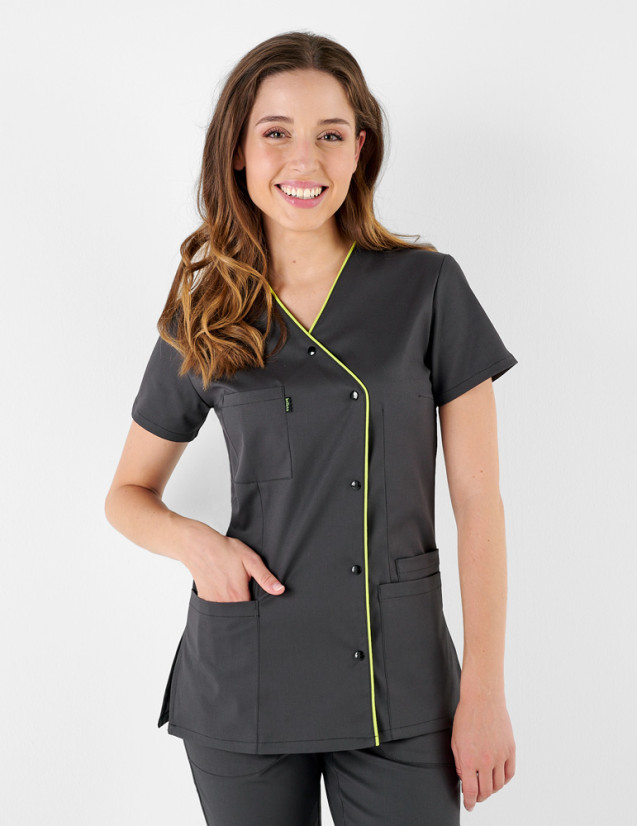 Blouse médicale - Coupe femme asymétrique couleur ardoise parements anis - Marque Belissa