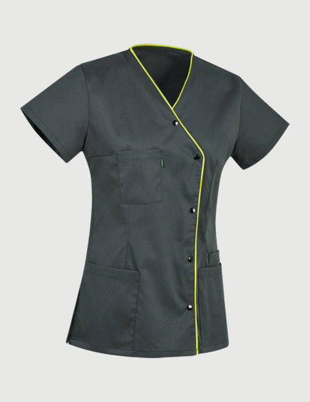 Blouse Anna asymétrique couleur ardoise parements Anis - Vue ghost - Marque Belissa