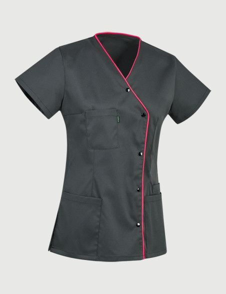 Blouse Anna asymétrique couleur ardoise parements framboise - Vue ghost - Marque Belissa