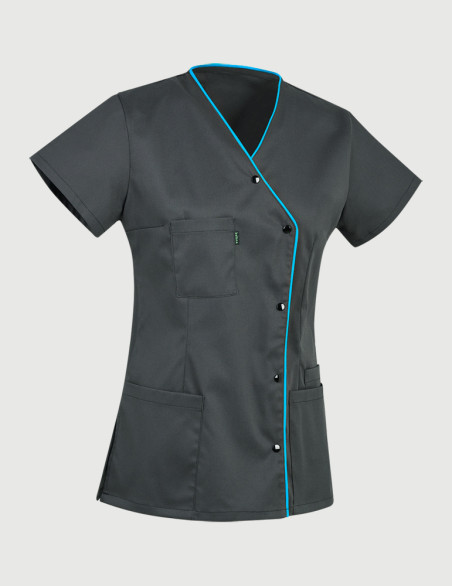 Blouse Anna asymétrique couleur ardoise parements océan - Vue ghost - Marque Belissa