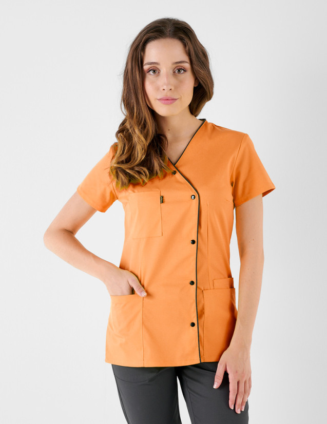 Blouse médicale - Coupe femme asymétrique couleur Abricot-Ardoise - Marque Belissa