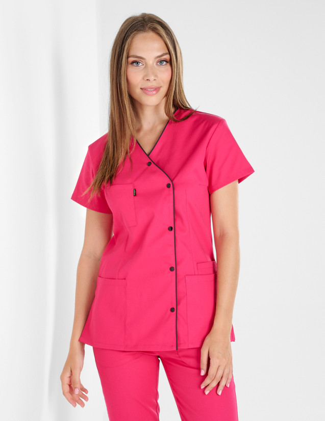 Blouse médicale - Coupe femme asymétrique couleur Framboise-Ardoise - Marque Belissa