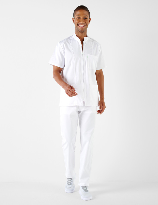 Blouse pharmacien unie blanc - Vue en pied - Marque Belissa Blouse pharmacien unie blanc - Vue en pied - Marque Belissa