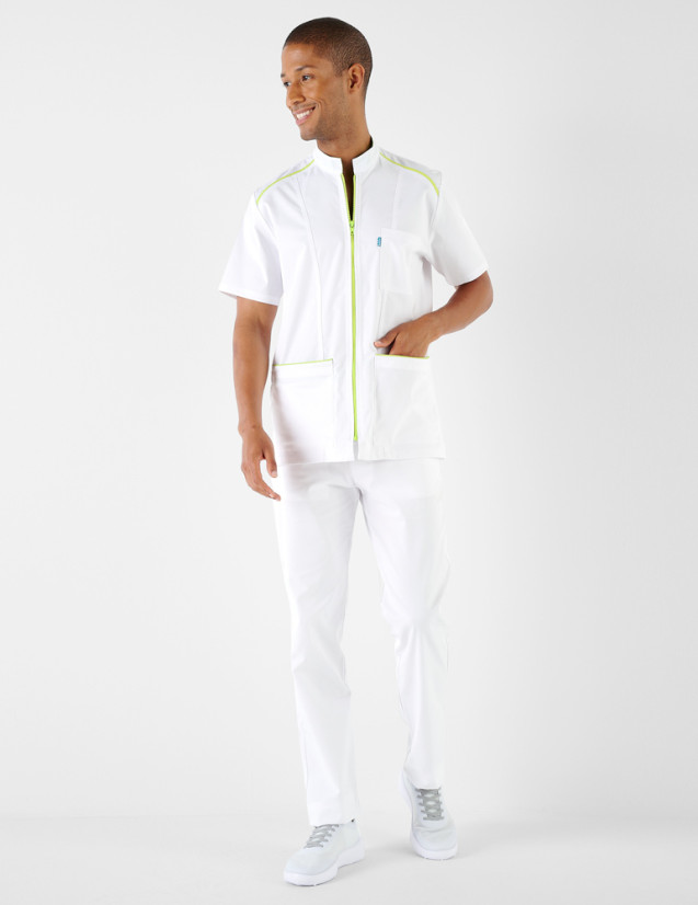 Blouse médicale - Fermeture zippée - Couleur blanc-anis - Vue en pied - Marque Belissa Blouse médicale - Fermeture zippée - Couleur blanc-anis - Vue en pied - Marque Belissa