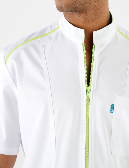 Détail blouse Anna asymétrique - Couleur blanc-anis - Vue ghost - Marque Belissa