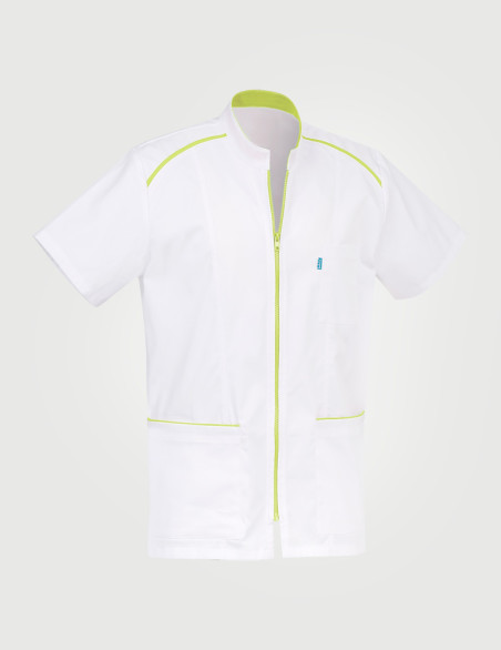 Blouse Anna asymétrique couleur blanc parements anis - Vue ghost - Marque Belissa