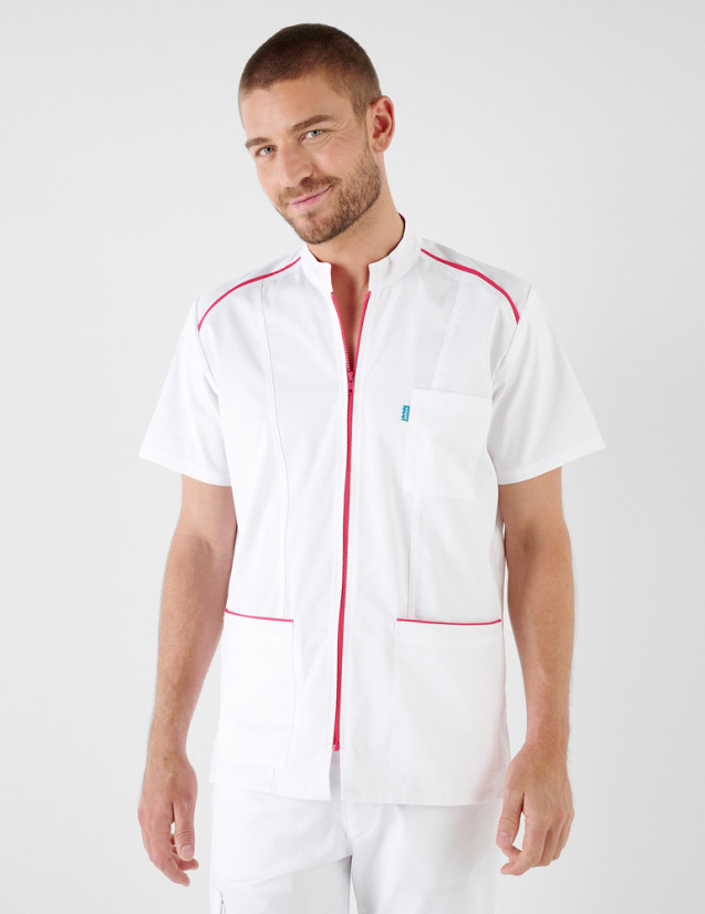 Blouse médicale homme Lucas blanc-framboise made in France by Belissa