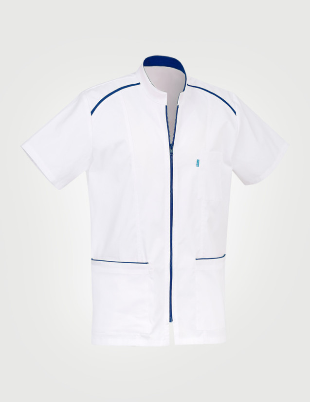 Blouse Anna asymétrique couleur blanc parements marine - Vue ghost - Marque Belissa