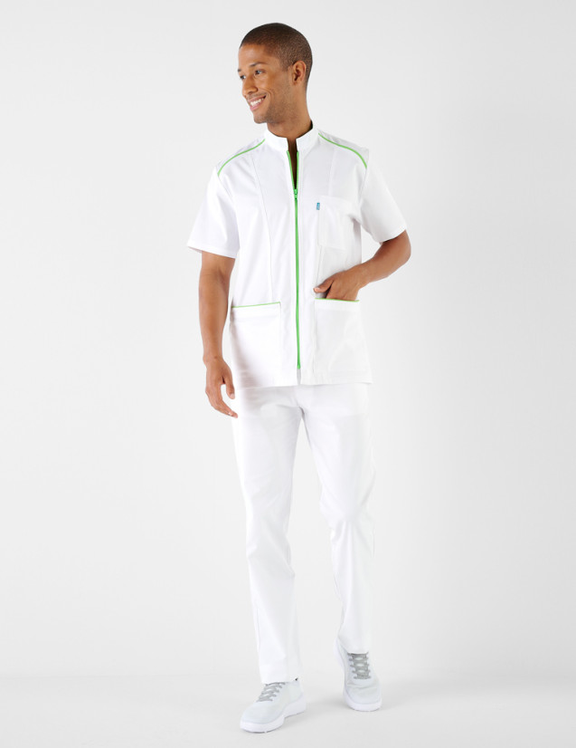 Blouse médicale homme - Fermeture zippée - Couleur blanc-anis - Vue en pied - Marque Belissa