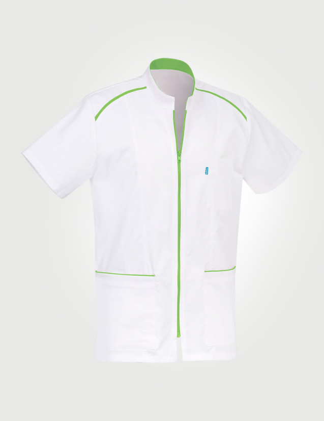 Blouse Anna asymétrique couleur blanc parements pomme - Vue ghost - Marque Belissa