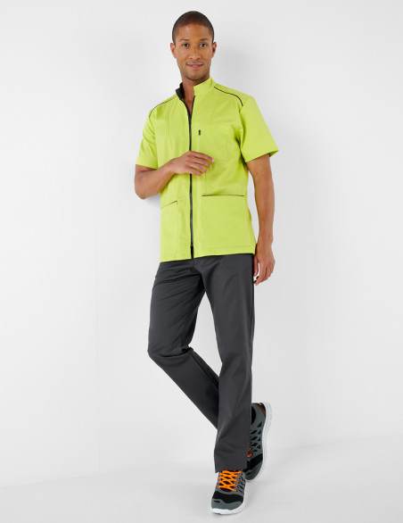 Blouse médicale homme avec zip - Couleur anis-ardoise - Vue en pied - Marque Belissa