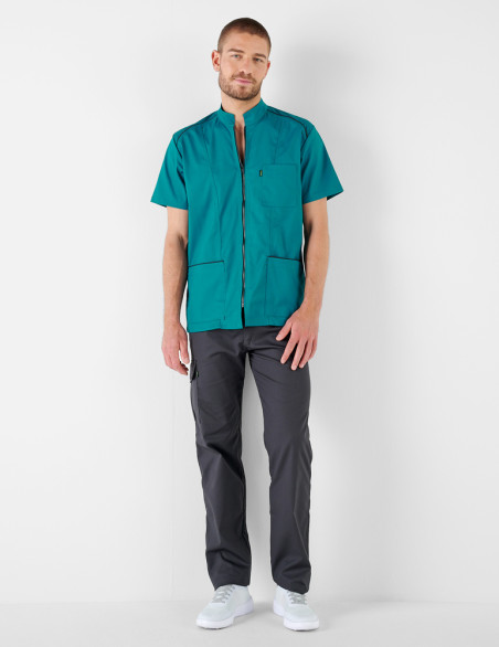 Tenue médicale homme avec zip - Couleur canard-ardoise - Vue en pied - Marque Belissa
