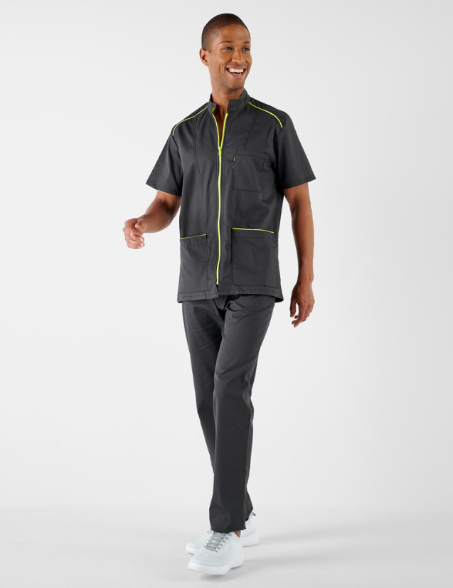Blouse dentiste - Coupe homme couleur ardoise-anis - Vue en pied - Marque Belissa