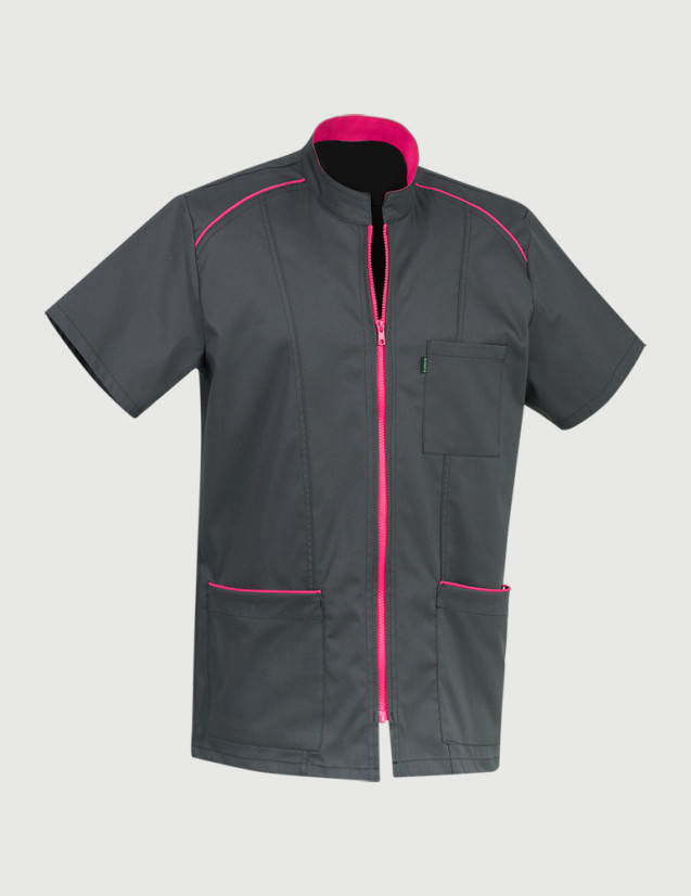 Blouse médicale Lucas couleur ardoise parements framboise - Vue ghost - Marque Belissa