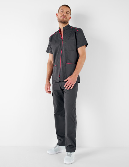Blouse dentiste - Coupe homme couleur ardoise-framboise - Vue en pied - Marque Belissa