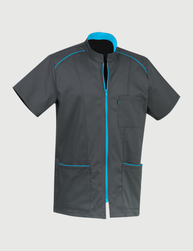 Blouse médicale Lucas couleur ardoise parements océan - Vue ghost - Marque Belissa Blouse médicale Lucas couleur ardoise parements océan - Vue ghost - Marque Belissa