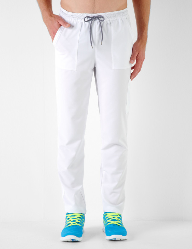 Léo pantalon homme taille élastique avec cordon, couleur blanc - Marque Belissa - Porté vue de face