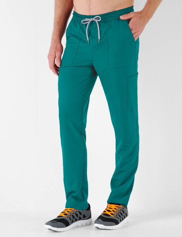 Léo pantalon homme taille élastique avec cordon, couleur canard - Marque Belissa - Porté vue de face