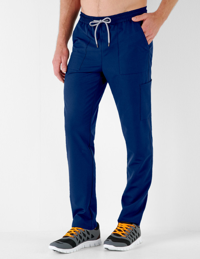 Léo pantalon homme taille élastique avec cordon, couleur marine - Marque Belissa - Porté vue de face