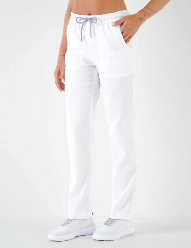 Pantalon femme Alice by Belissa - couleur blanc - taille élastique + cordon. Vue de face