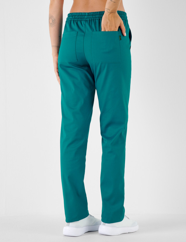 Pantalon femme Alice by Belissa - couleur canard - taille élastique. Vue de dos Pantalon femme Alice by Belissa - couleur canard - taille élastique. Vue de dos