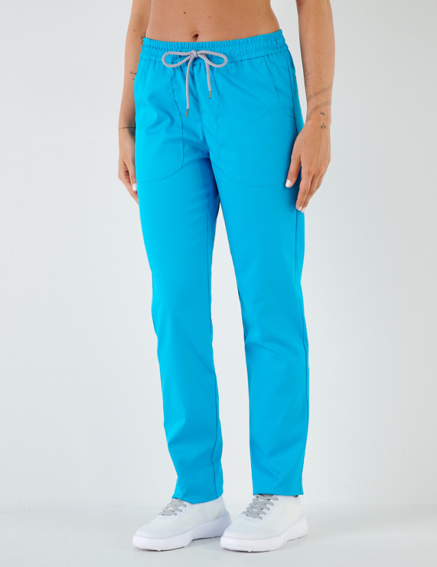 Pantalon femme Alice by Belissa - couleur océan - taille élastique + cordon. Vue de face